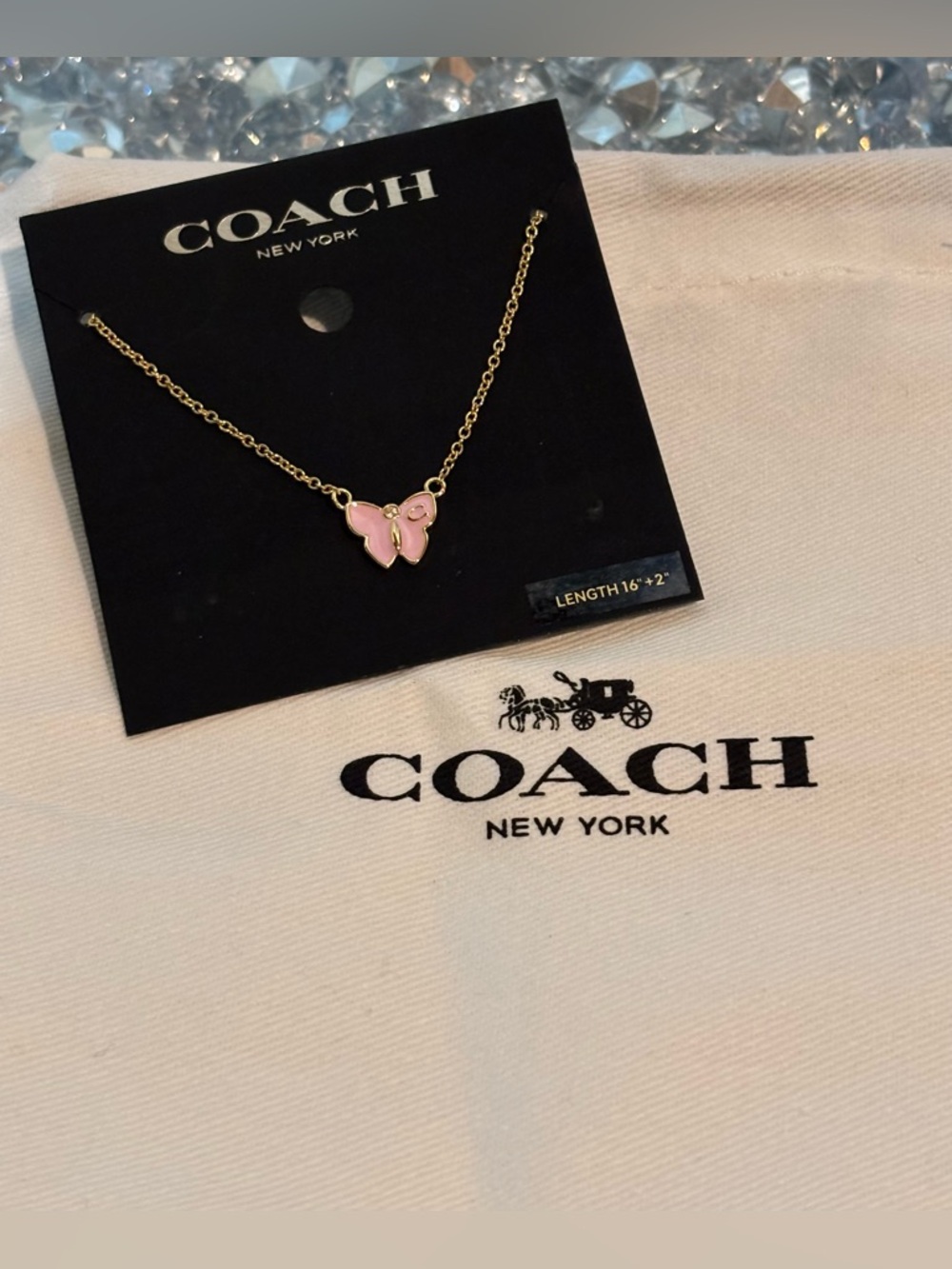 💗 Coach Pink Butterfly Necklace NWT Gold Tone